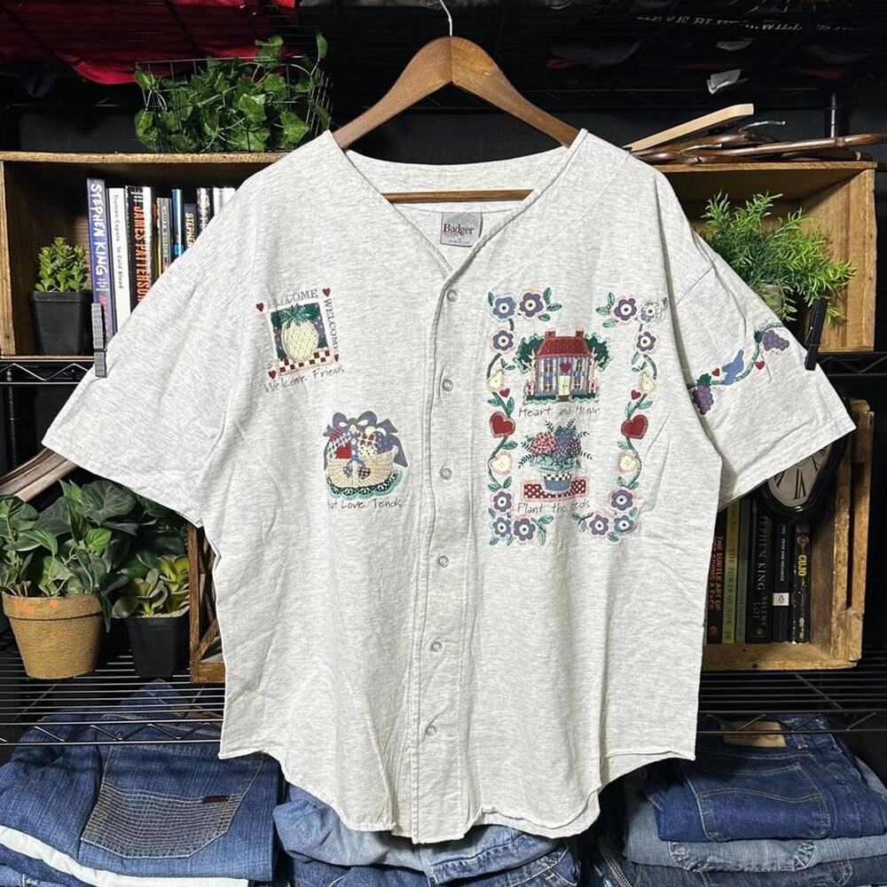 Vintage 90s Grandma Styles Floral Baseball Tee Womens XL Button Up Gray Shirt